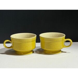 Premiere P5300 Yellow Speckled Stoneware Mugs Set of 2 Footed Japan Vintage